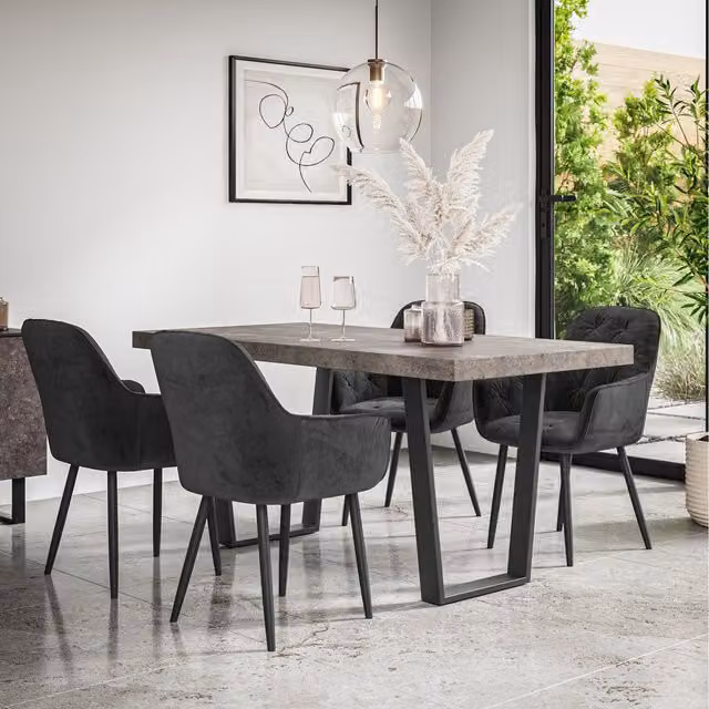 More4Homes Aria Dining Set with Concrete Effect Rectangular Table and 4 Anika Velvet Chairs in Black and Grey