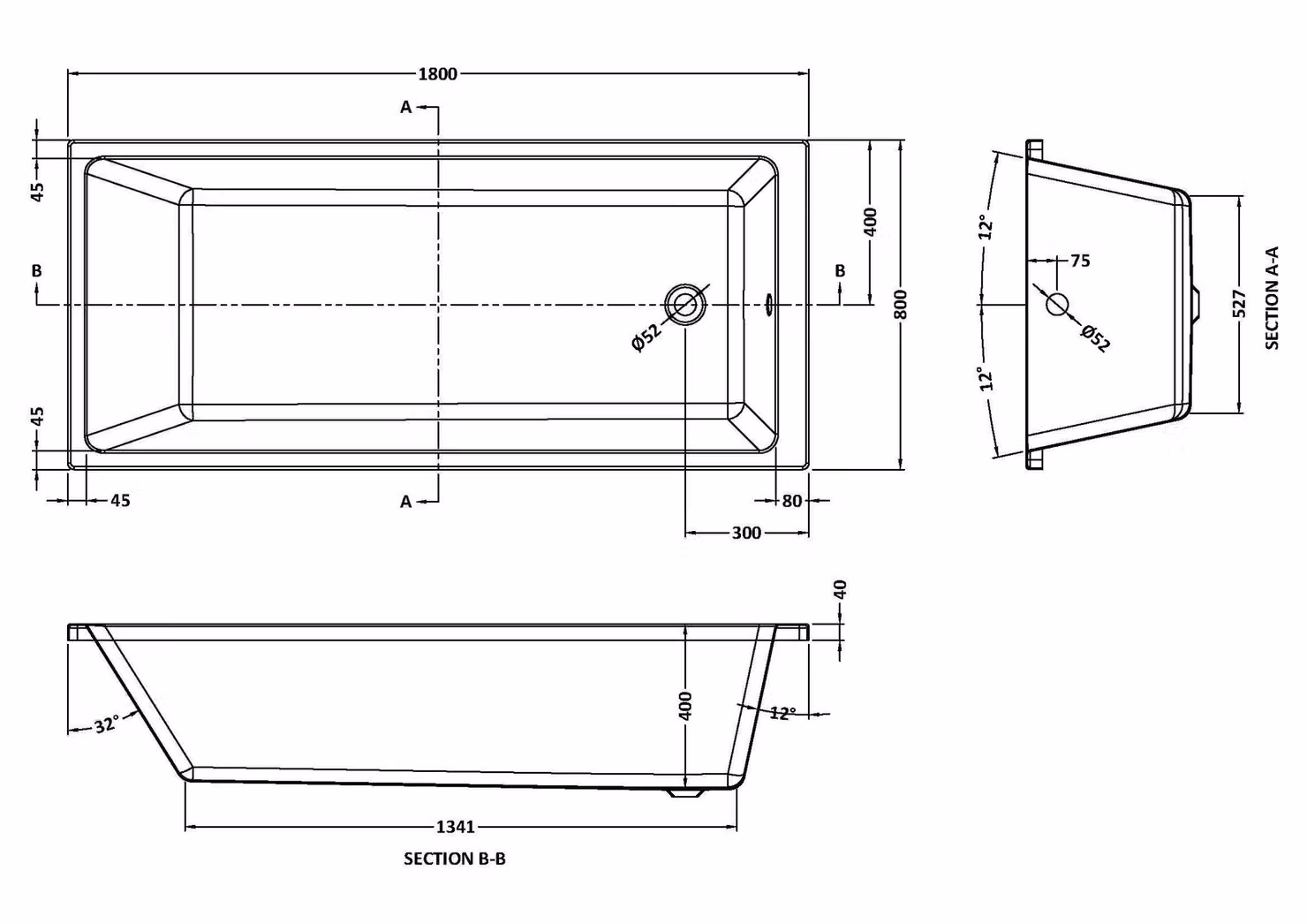 Balterley Square Thin Edge Single Ended Shower Bath with Leg Set, White, W: 180 cm, D: 80 cm – 2