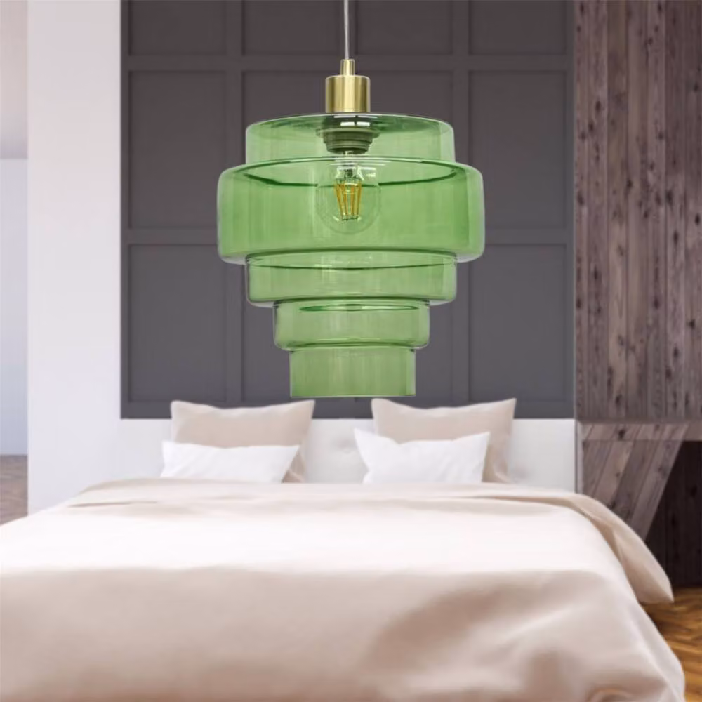 First Choice Lighting Benson 5 Tier Green Glass and Gold Brass Suspended Ceiling Pendant Light H 113 cm, W 60 cm, D 23.5 cm – 3