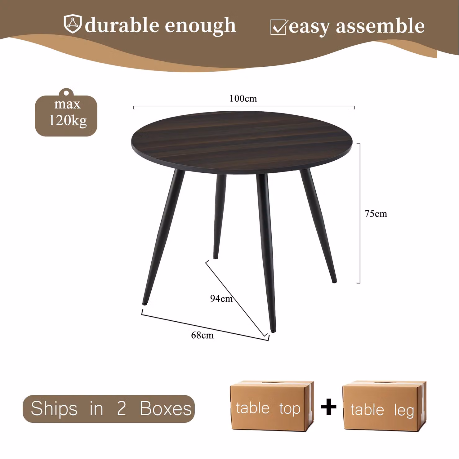 SONARA Round Dining Table in Brown Walnut with Wood and Metal Legs, Diameter: 100 cm, Height: 75 cm – 2