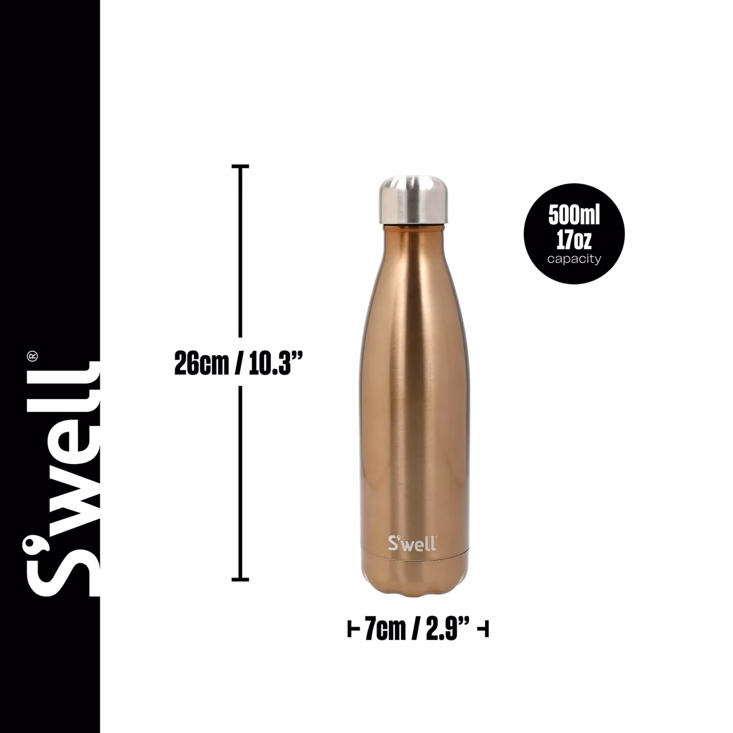 S'well Original Vacuum-Insulated Stainless Steel Water Bottle, Pyrite Gold, 500ml – 5