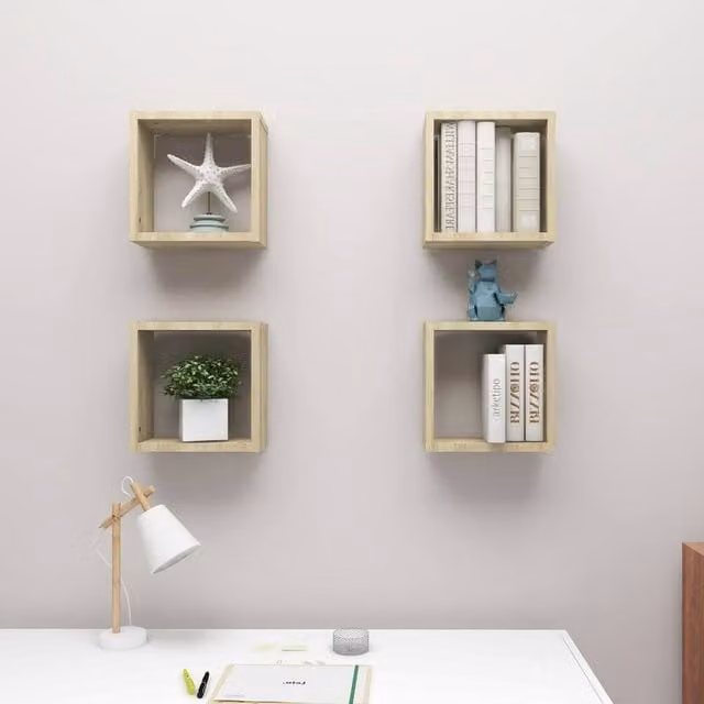 Berkfield Home Wall Mounted Cube Shelves, 4 Piece Set in Sonoma Oak, Light Tan, W/D/H: 30 x 15 x 30 cm – 1