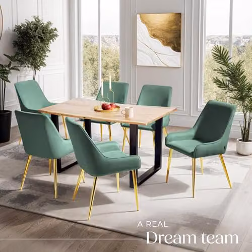 tectake Set of 6 Avane Dining Chairs in Green Velvet Fabric with Gold Metal Legs – 2