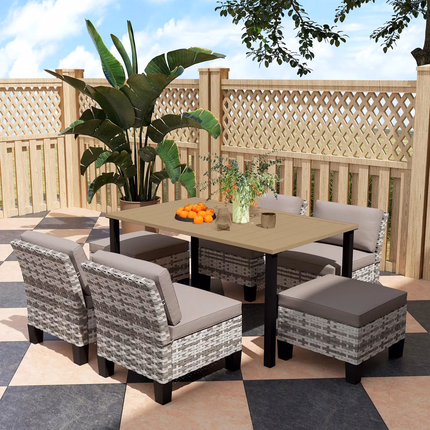 Outsunny 7-Piece Grey Polyrattan Garden Dining Set with Metal Frame and Cushions – 8
