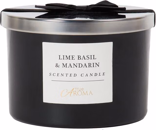 True Aroma Lime Basil and Mandarin Scented Tabletop Candle in Black