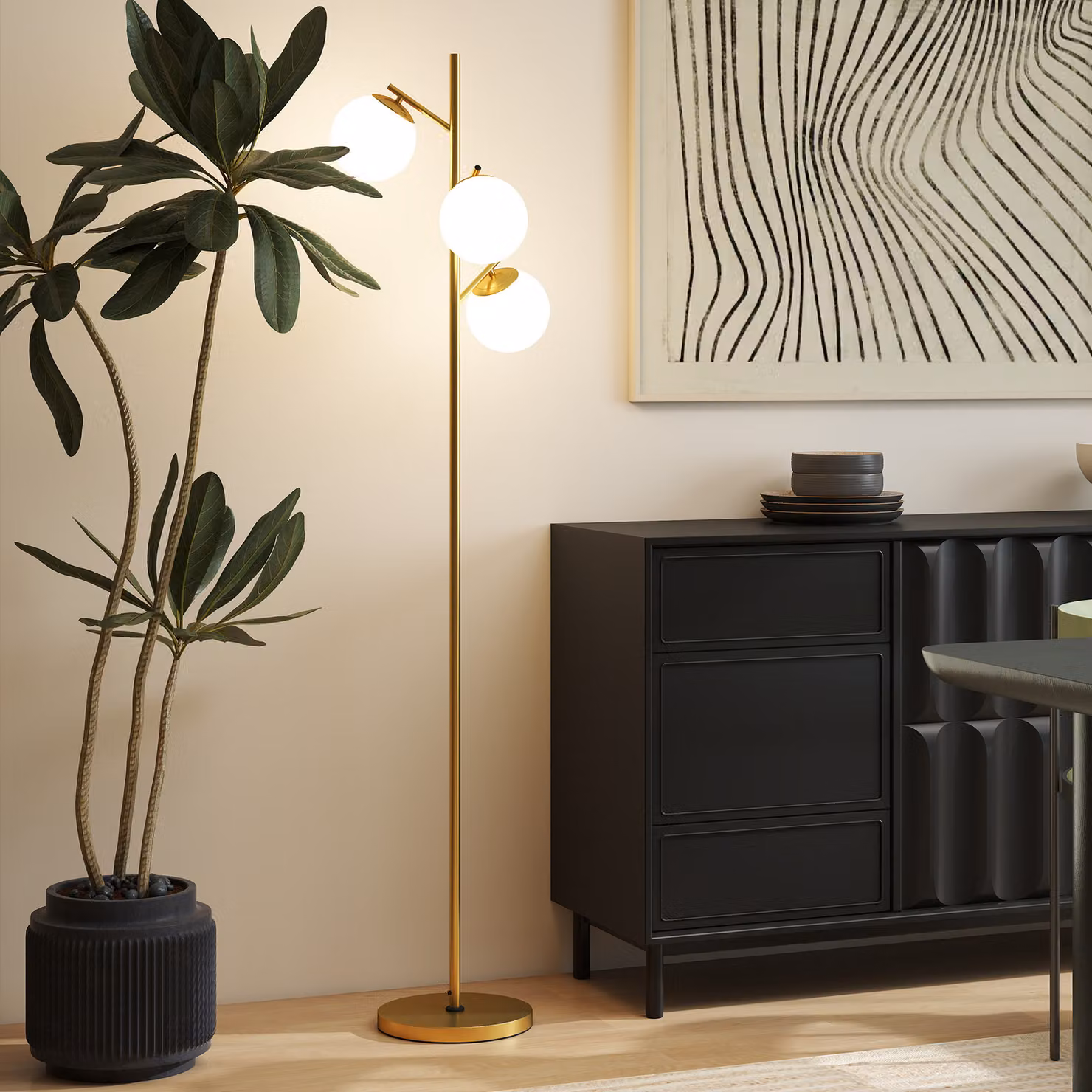 HOMCOM Modern 3-Light Tree Floor Lamp with Gold Metal Base and White Glass Globe Shades – 5