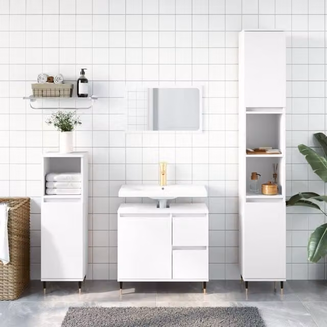 Berkfield Home White Bathroom Cabinet with Hinged Doors and Open Shelf, W/D/H: 30 x 30 x 190 cm