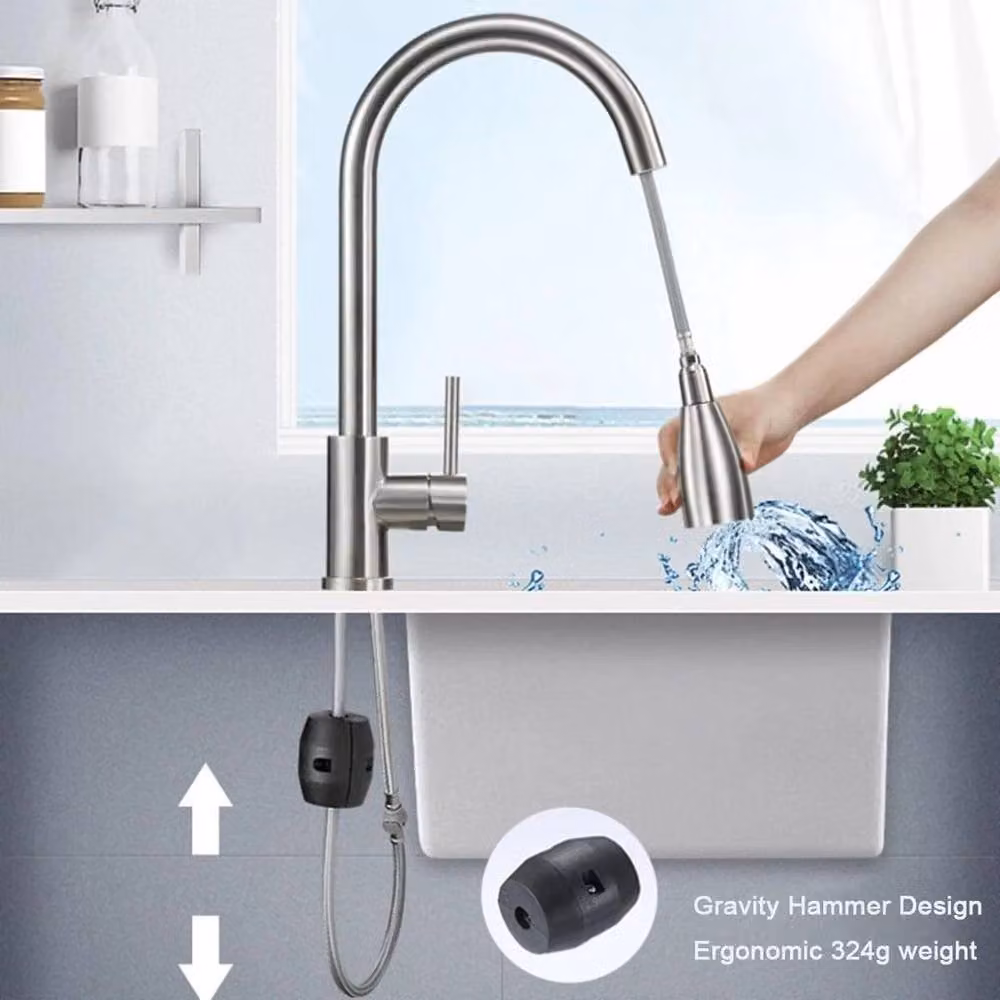 PAWNORA Silver Stainless Steel Kitchen Sink Mixer Tap with Single Lever and Pull Out Spray Spout – 2