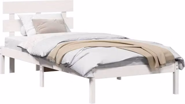Berkfield Home White Solid Wood Pine Bed Frame with Headboard W/D/H: 90 x 200 cm