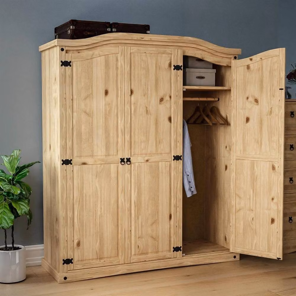 SPETLEK 3 Door Mexican Solid Pine Wood Wardrobe in Natural with Internal Shelves and Hanging Rod – 2