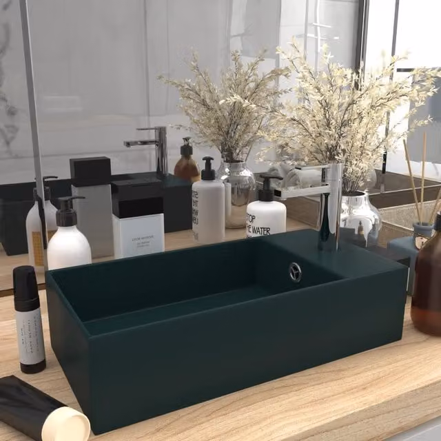 Berkfield Home Rectangular Ceramic Countertop Bathroom Sink with Overflow in Dark Green – 1