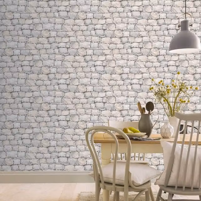 Arthouse Realistic Granite Brick Stone Rustic Wallpaper in White, Cream and Grey