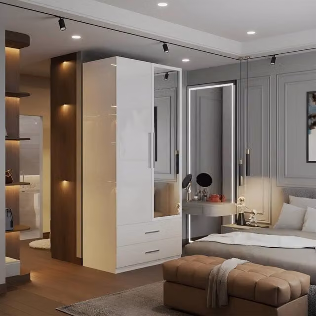 Sliding Wardrobes 4U High Gloss 2 Door Mirrored Wardrobe with Internal Drawers in White, W80cm x H200cm