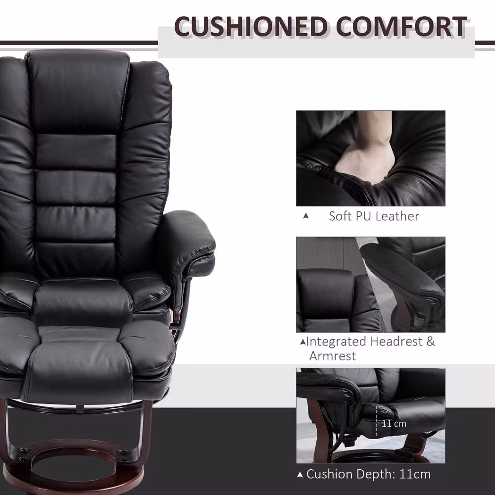 STILVORA Modern Black PU Leather Recliner Armchair with Ottoman and Swivel Function – 7