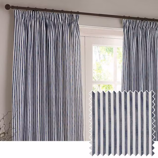 Make It A Home Hebden Striped Cotton Pencil Pleat Curtain Pair in Blue, Width: 183 cm, Height: 229 cm
