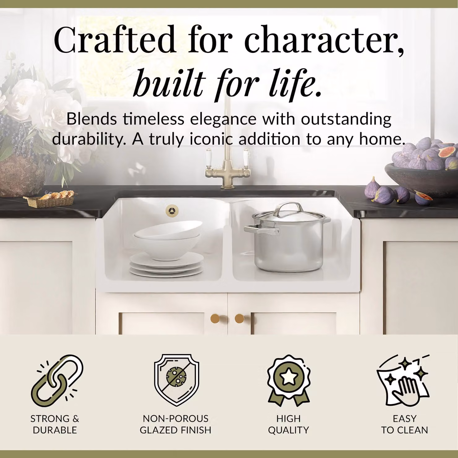 Balterley White Ceramic 2 Bowl Stepped Weir Fireclay Butler Sink with Lever Tap and Wastes, W: 79.5 cm – 2