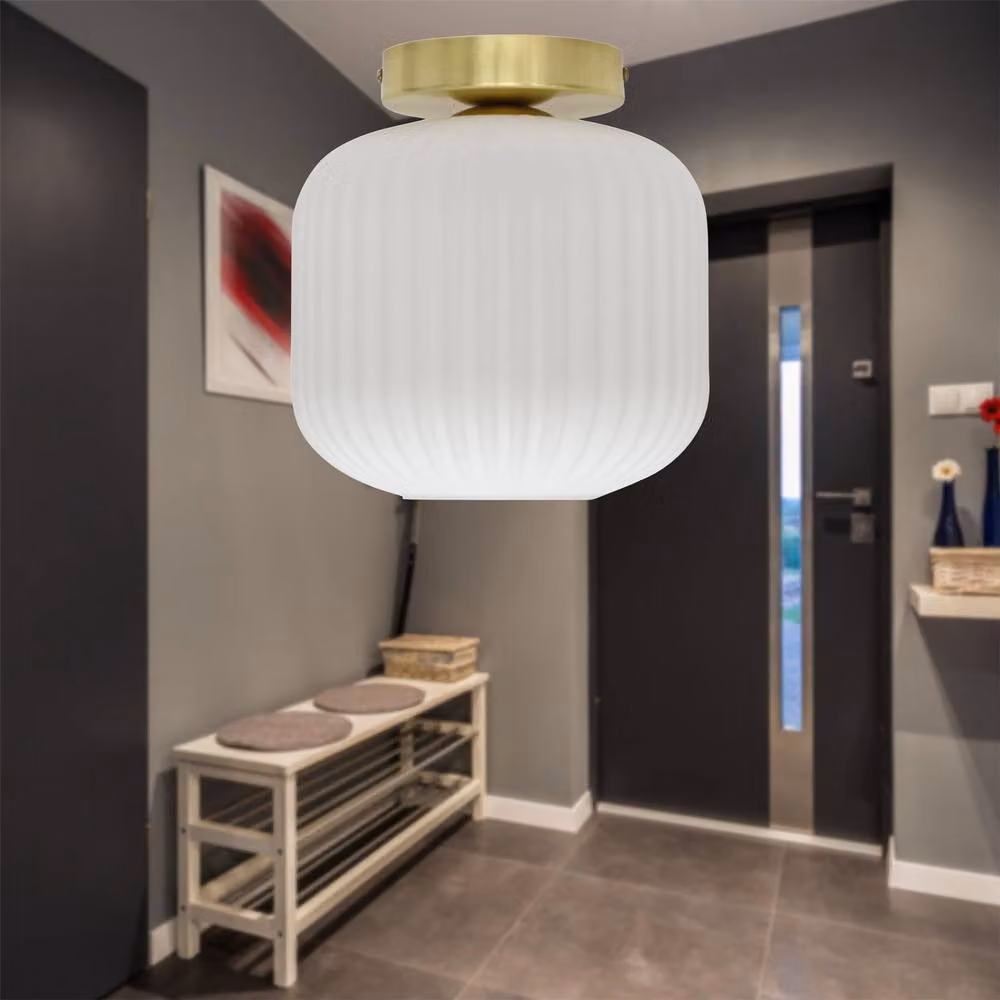 First Choice Lighting Bento White Ribbed Glass and Satin Brass Ceiling Light Fitting – 2