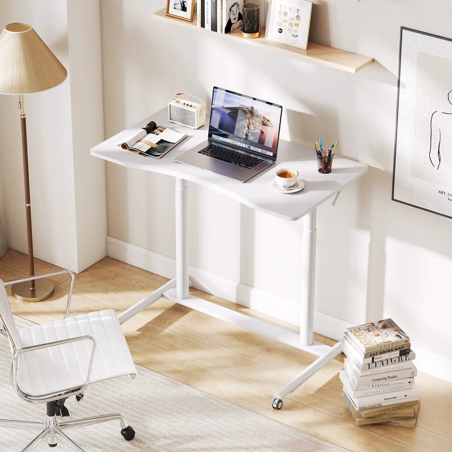 Costway Mobile C-Shaped Standing Desk with Adjustable Height and Castors, White – 3