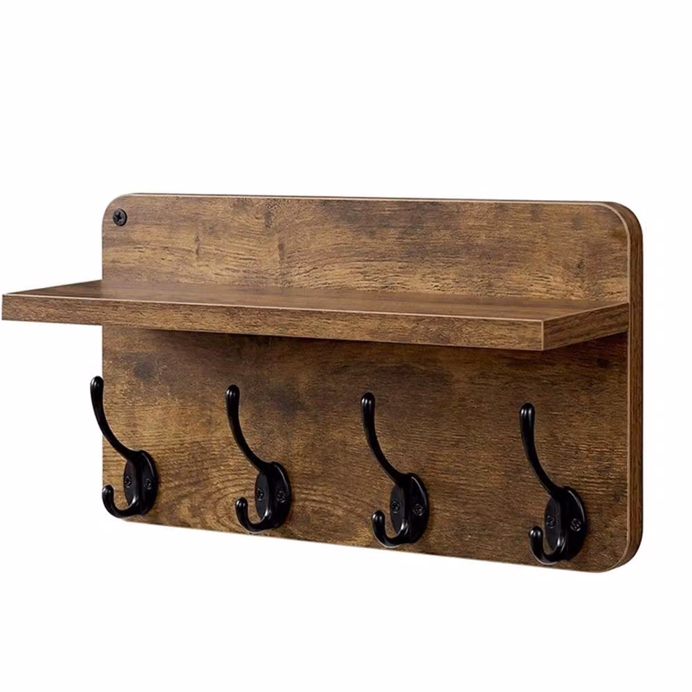 Ventryn 2 Piece Set of Rustic Brown Wooden Wall Mounted Coat Racks with 8 Heavy Duty Hooks – 3