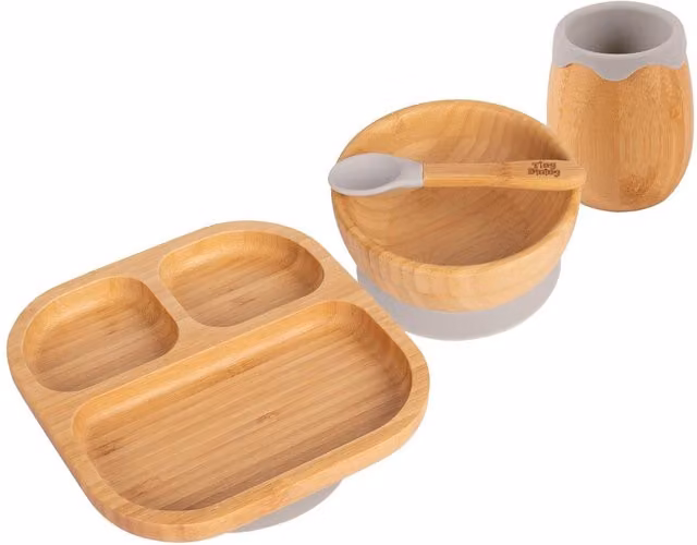 Tiny Dining 4-Piece Divided Bamboo and Silicone Baby Feeding Set in Grey