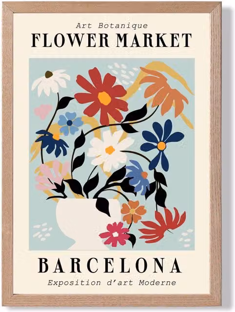 ARTZE Barcelona Blue and Pink Flower Market Exhibition Framed Print, A3, Oak Frame, Mid Blue