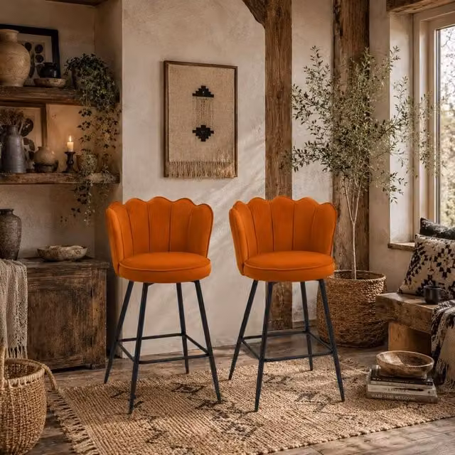 Wyld Haus Nivi Set of 2 Orange Velvet Lotus Design Bar Stools