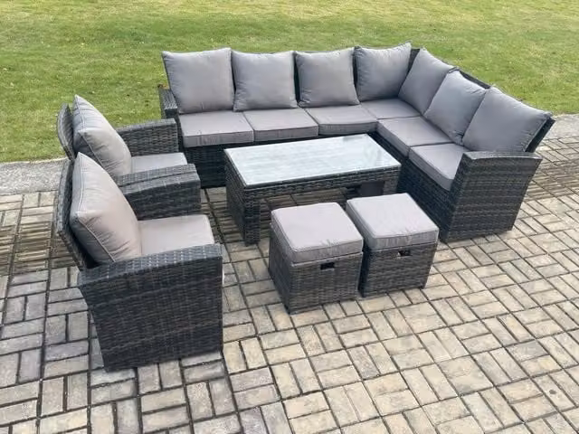 Fimous Rattan Corner Sofa Garden Furniture Set with 2 Footstools and Rectangular Coffee Table in Dark Grey