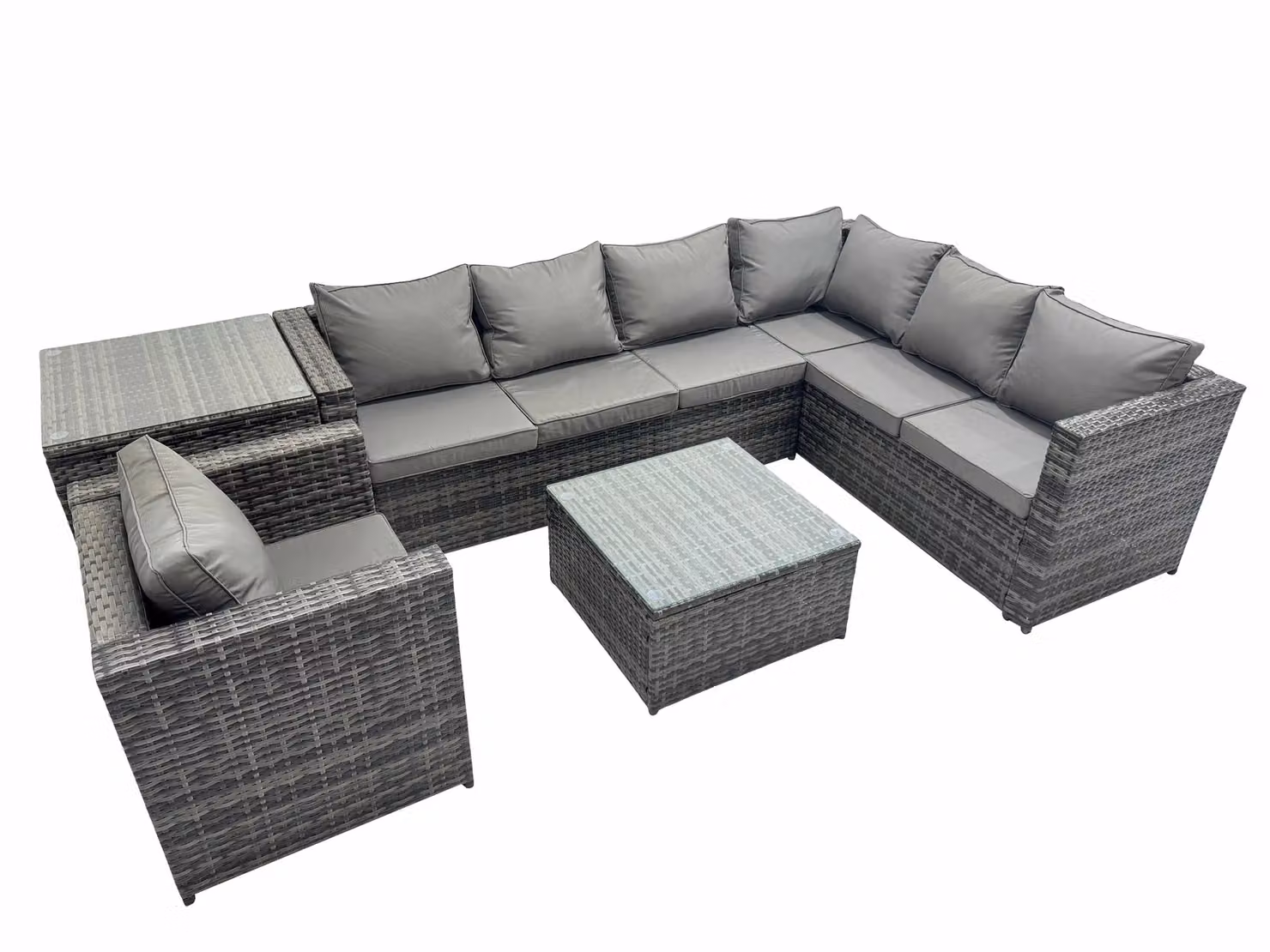 Fimous Rattan Corner Sofa Set in Dark Grey with Coffee Table, Armchair and Cushions – 2