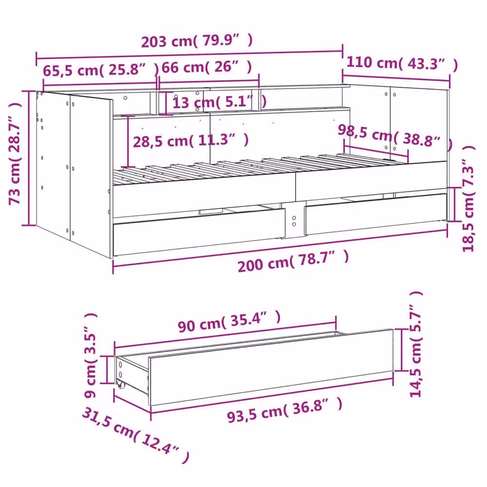 Berkfield Home Daybed with Drawers in Smoked Oak and Brown, W/D/H: 100 x 200 cm – 6