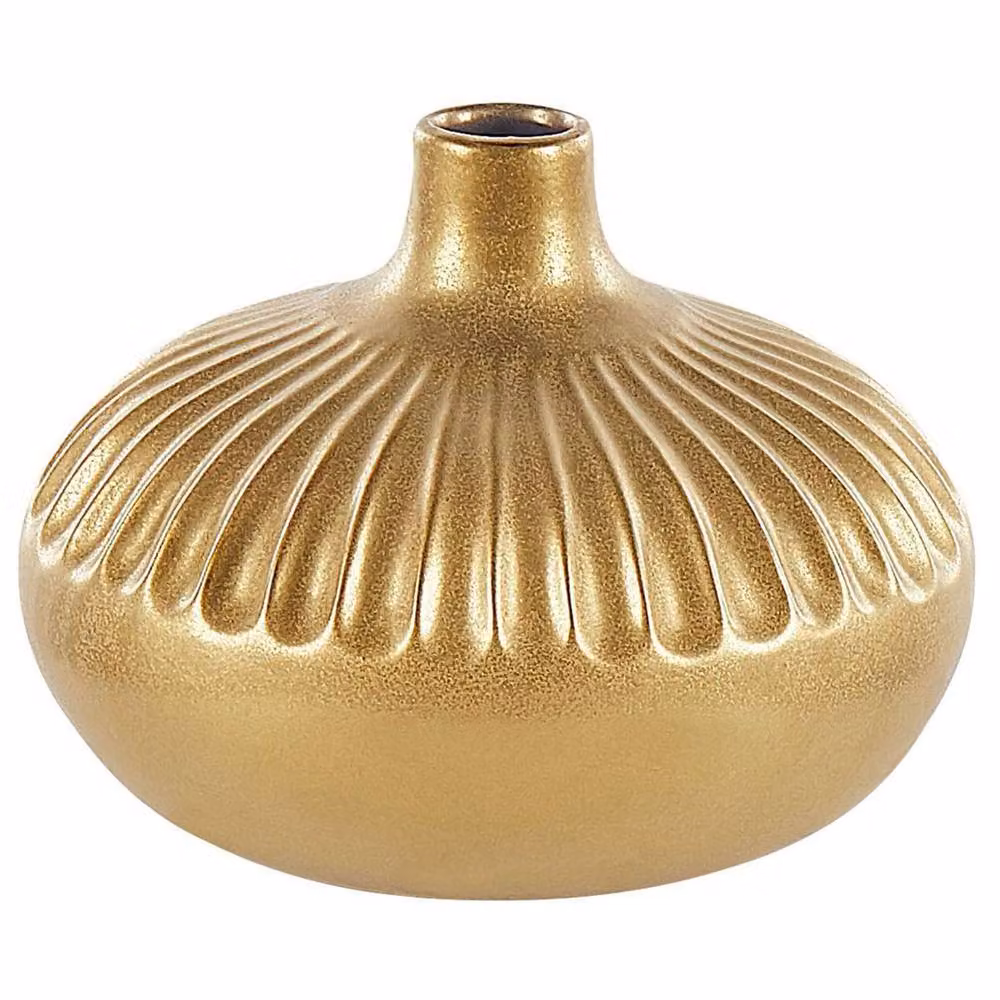 Wyld and Coco Gold Ceramic Striped Round Tabletop Vase, Height: 20 cm – 2