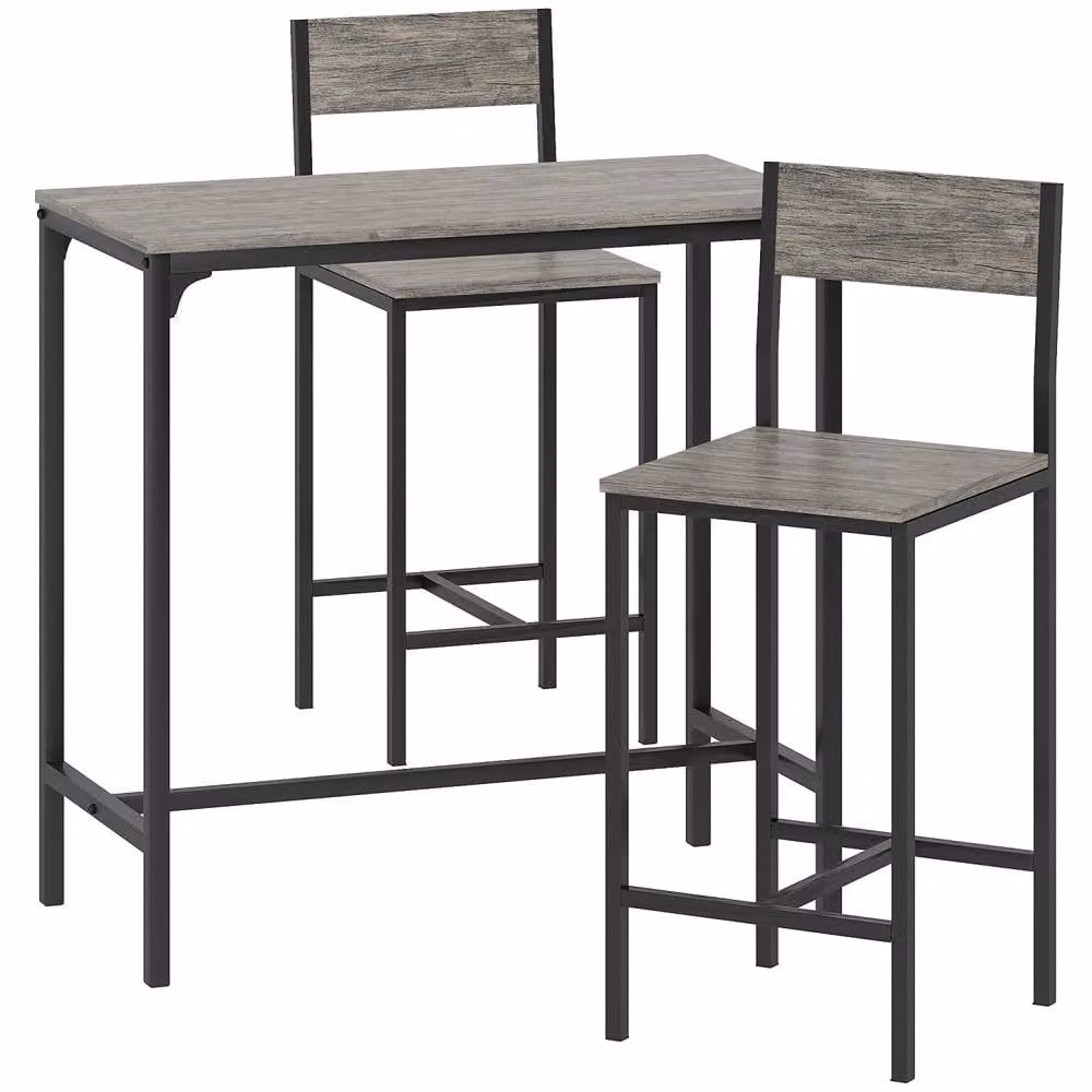 Wyld Haus Novero 3 Piece Industrial Breakfast Bar Set with 2 Stools in Grey and Black – 2