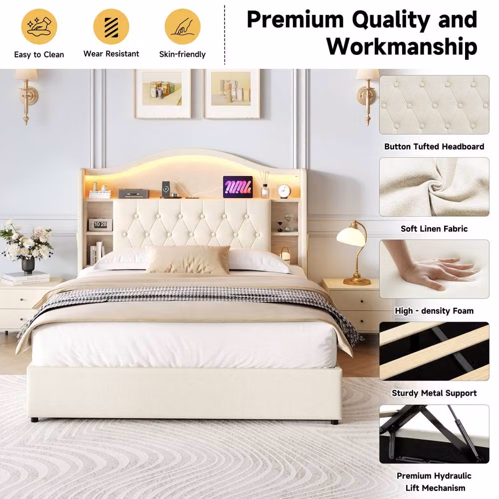 Matteo Double Upholstered Storage Bed Frame in Beige with LED Lighting and USB Charging Ports, W/D/H: 140 x 200 cm – 4