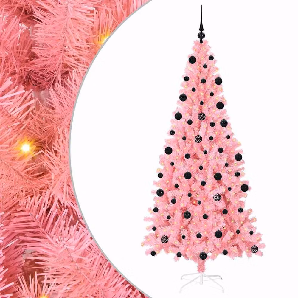 Berkfield Home Lush Pink PVC Christmas Tree with 300 LEDs and Stand, Height: 210 cm – 2