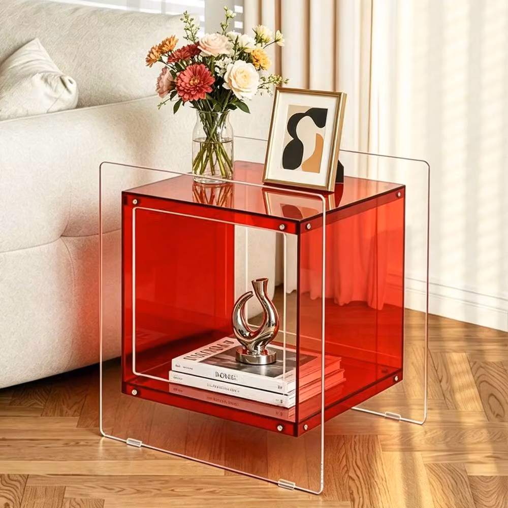 NESTLUNE Red Transparent Acrylic Nightstand with Storage Shelf, W/D/H: 100 x 100 x 100 cm – 2