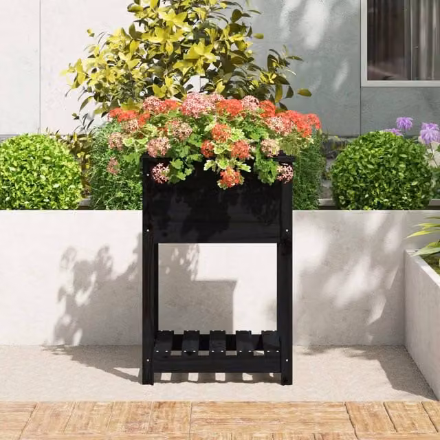 Berkfield Home Black Solid Wood Pine Planter with Shelf, W/D/H: 54 x 54 x 81 cm – 1