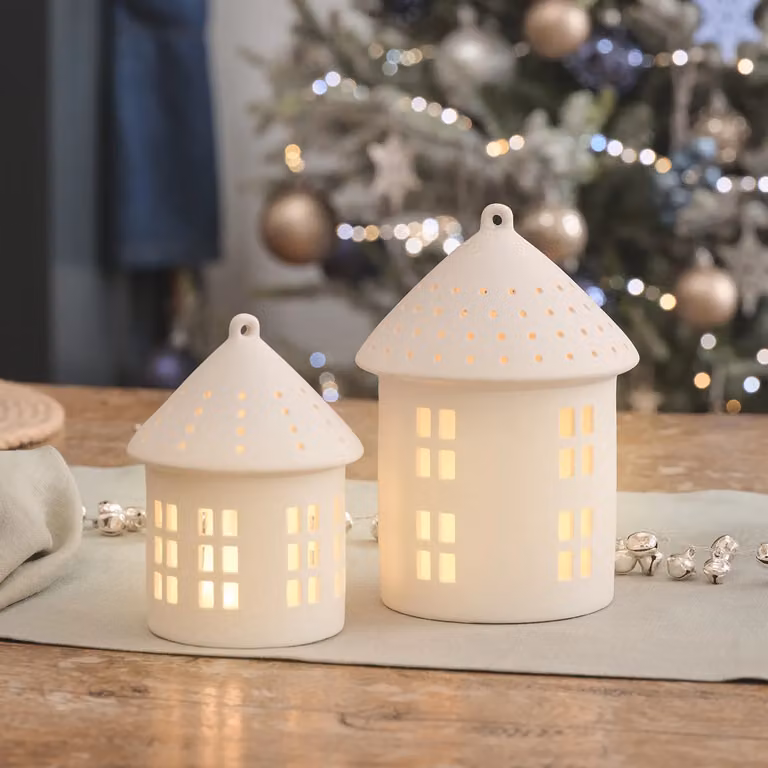 White Porcelain Light Up Hut Duo Tabletop Christmas Decoration
