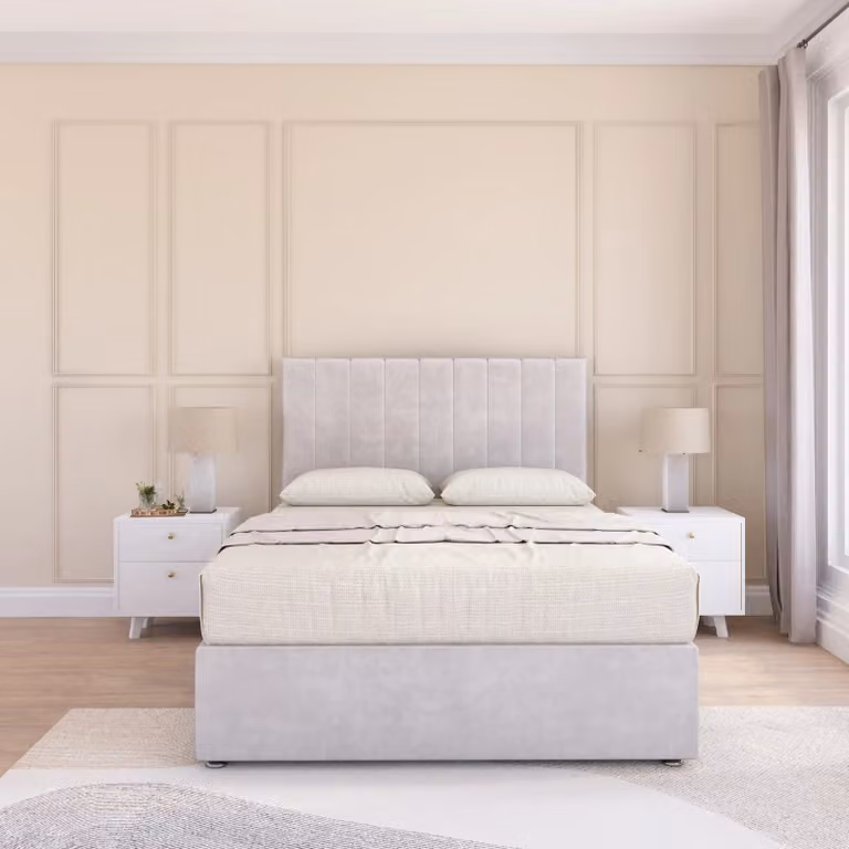 Sloomy Kansas King Size Divan Bed Base and 26 inch Struts Headboard in Silver Velvet Fabric, W/D/H: 180 x 200 cm