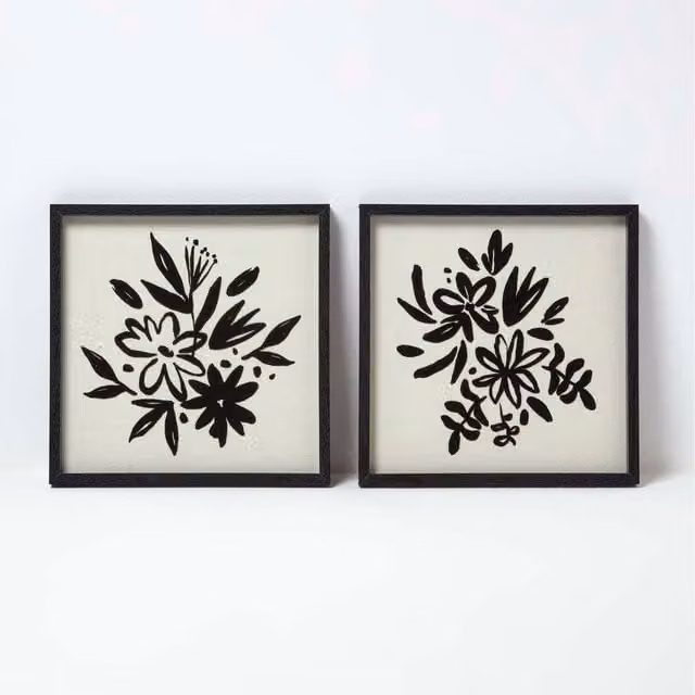 Homescapes Set of 2 Black Floral Canvas Wall Art Illustrations, W/H: 30 x 30 cm
