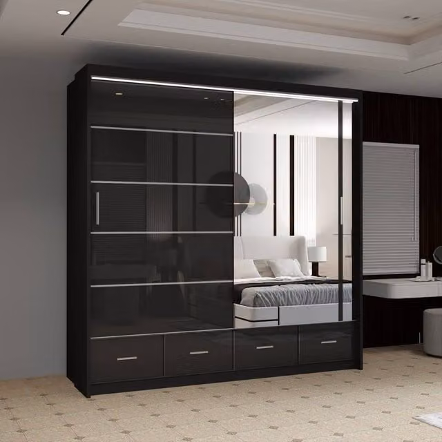 Sliding Wardrobes 4U Luxury High Gloss Sliding Wardrobe with Integrated LED Light, Black, W: 203 cm, H: 220 cm