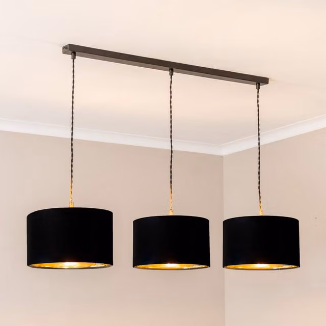 ValueLights Reni 3 Drop Bar Metallic Shade Pendant Ceiling Light in Matte Black and Gold