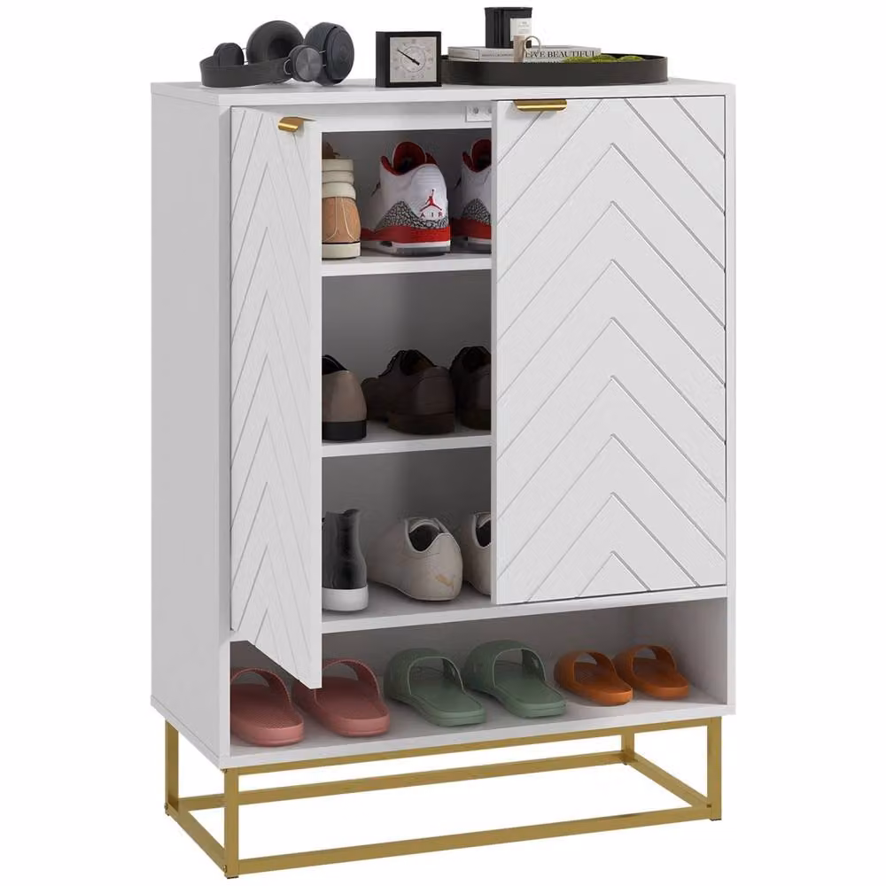 Wyld Haus White and Gold Modern Shoe Cupboard with Internal Shelves and Ventilation, H: 95 cm, W: 73 cm, D: 35 cm – 2