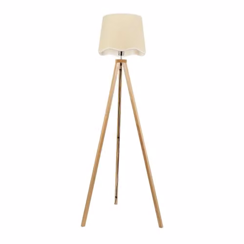 ValueLights Natural Wood Tripod Floor Lamp with White Scallop Shade and Included LED Bulb