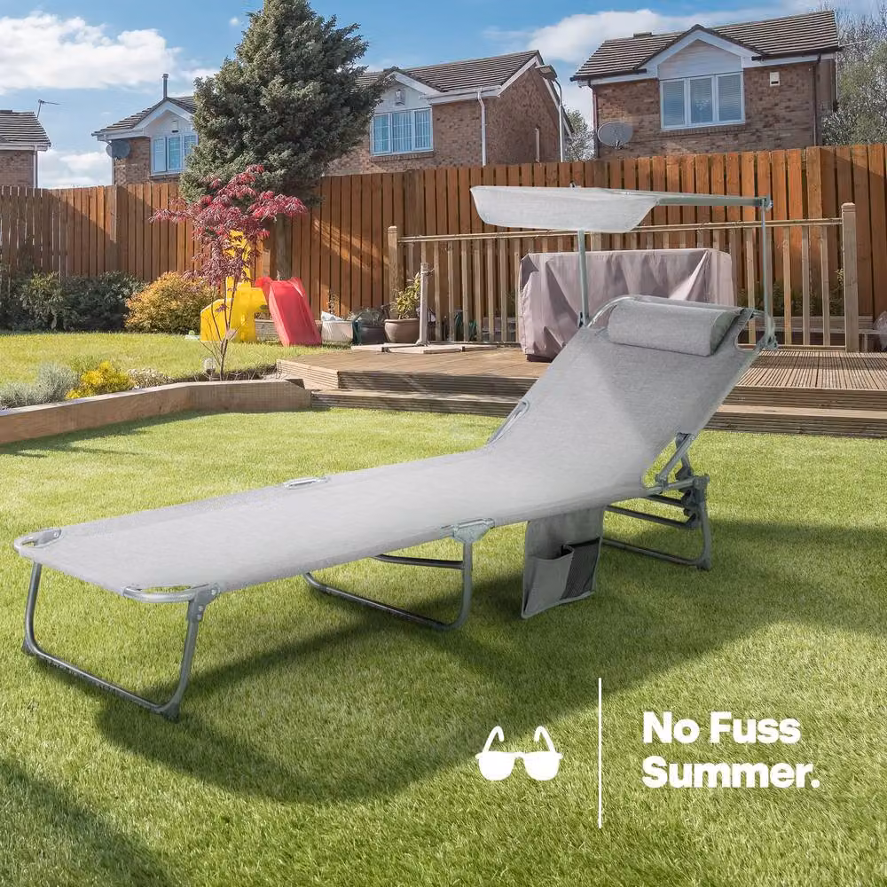 LIVIVO Foldable Reclining Sun Lounger with Sun Canopy in Grey – 2