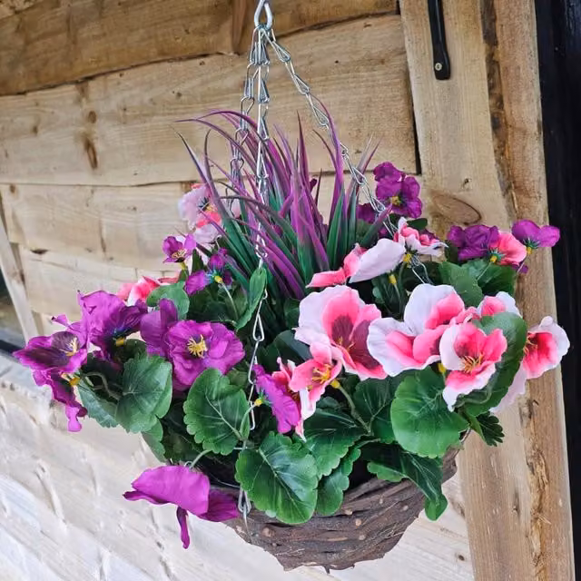 Best Artificial Ltd Pink and Multicolour Artificial Pansy Hanging Basket with Rattan and Metal Details