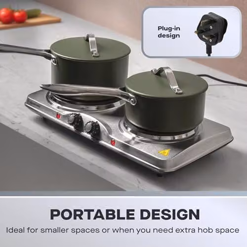Daewoo Double Electric Hot Plate Hob, 2500W Portable Tabletop Cooker in Silver or Black – 3