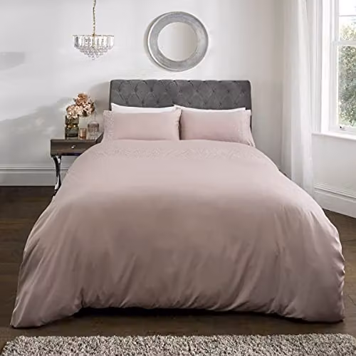 Sleepdown Gem Embellished Mako Satin Duvet Cover and Pillowcase Bedding Set, Pink, W: 230 cm, D: 220 cm
