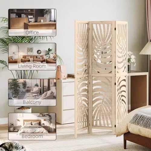 HOMCOM 3 Panel Folding Room Divider with Floral Design in Brown Wood Finish, H 170 x W 120 x D 1.7 cm – 3