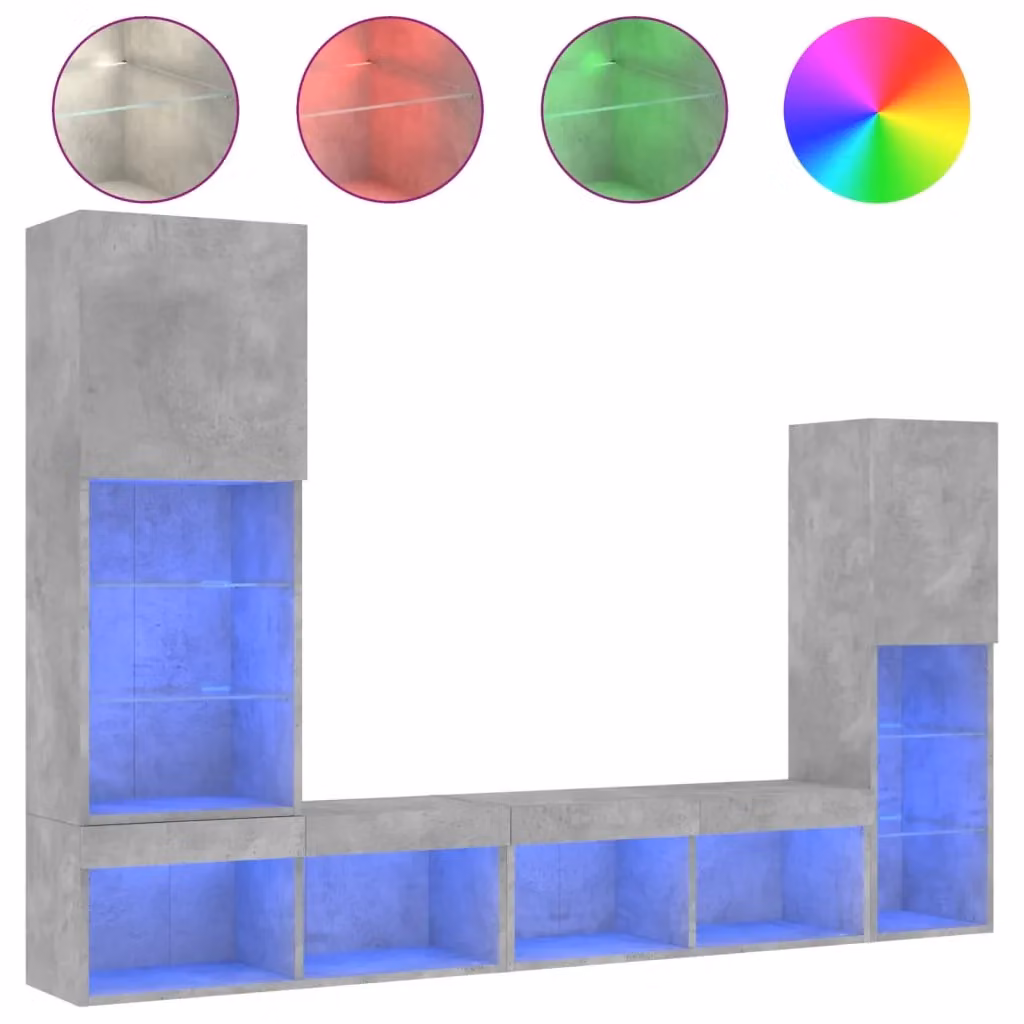 Berkfield Home 4 Piece Modern Wall Mounted TV Unit Set in Concrete Grey with Integrated LED Lighting and Media Compartments – 2