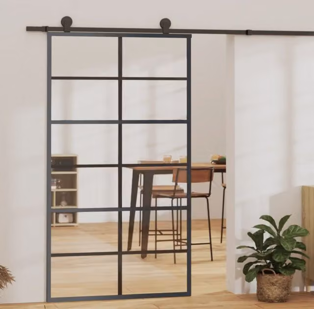 Berkfield Home Black Sliding Glass and Aluminium Door with Hardware Set, W: 102 cm, H: 205 cm