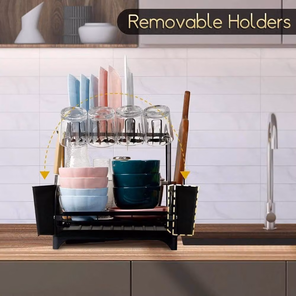 KORVIXA 2 Tier Dish Drainer Rack with Drip Tray and Cutlery Holder, Black – 3